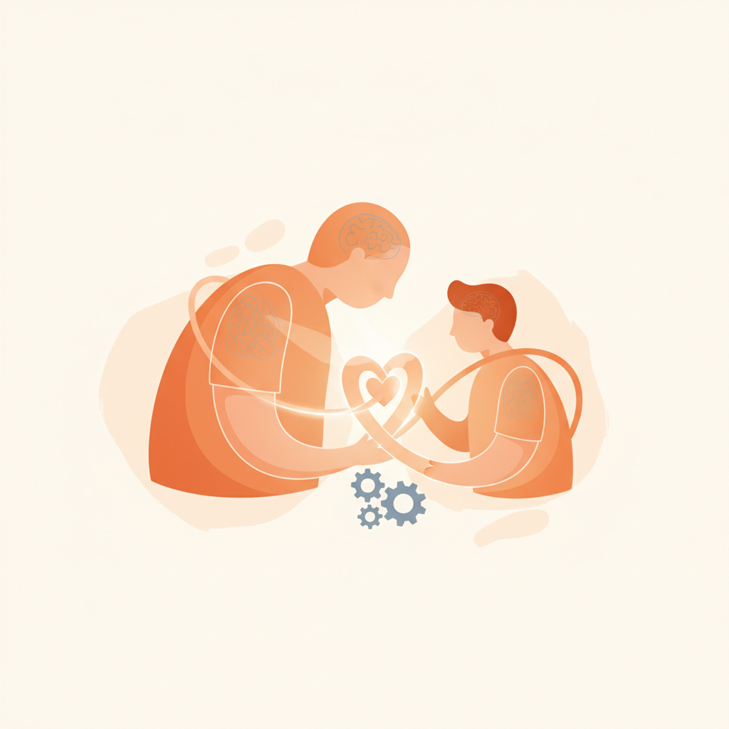 Parent and teenager sitting together in a warm living room, having a calm conversation