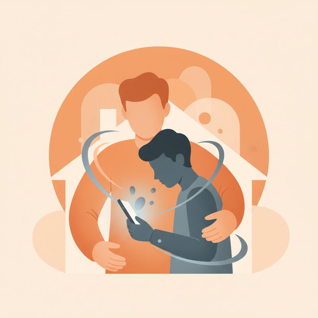 Teenager using a smartphone with a soft glow, parent nearby offering an alternative activity