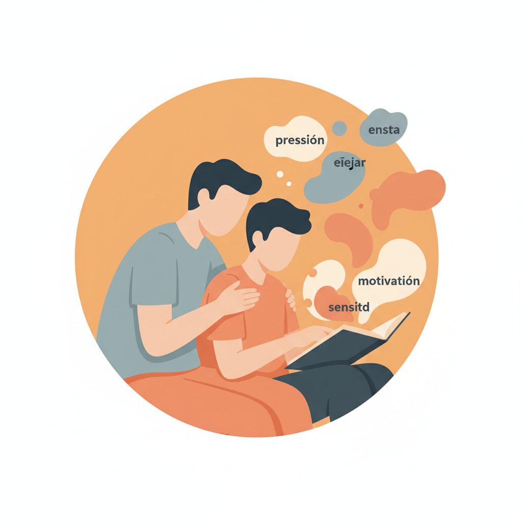 Teenager at a desk with books, looking thoughtful while a parent offers encouragement nearby