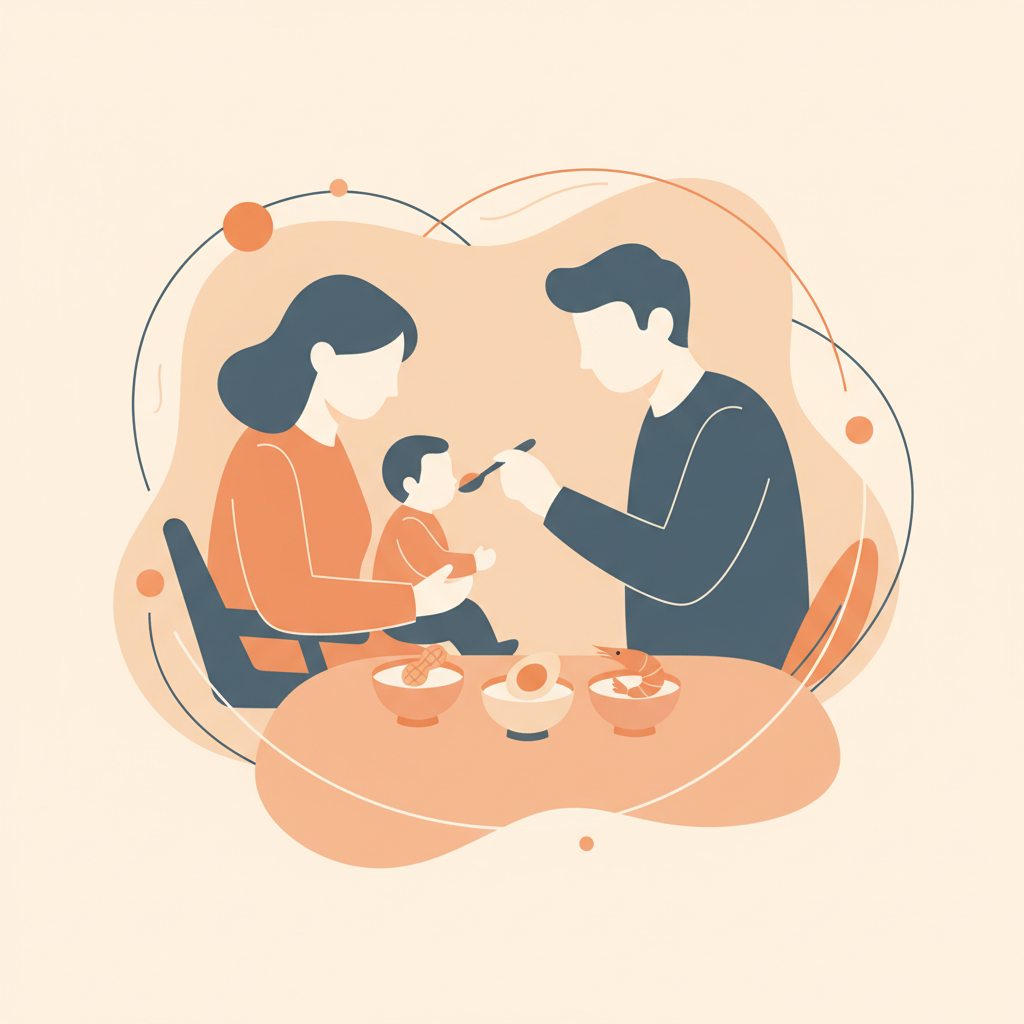 Selection of common allergen foods including peanuts, eggs and milk alongside baby-safe preparations