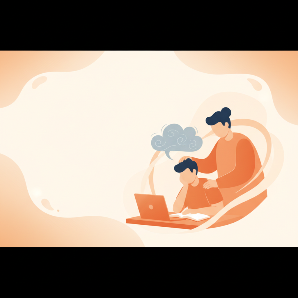 Parent calmly supporting a teenager studying for exams, offering encouragement without pressure