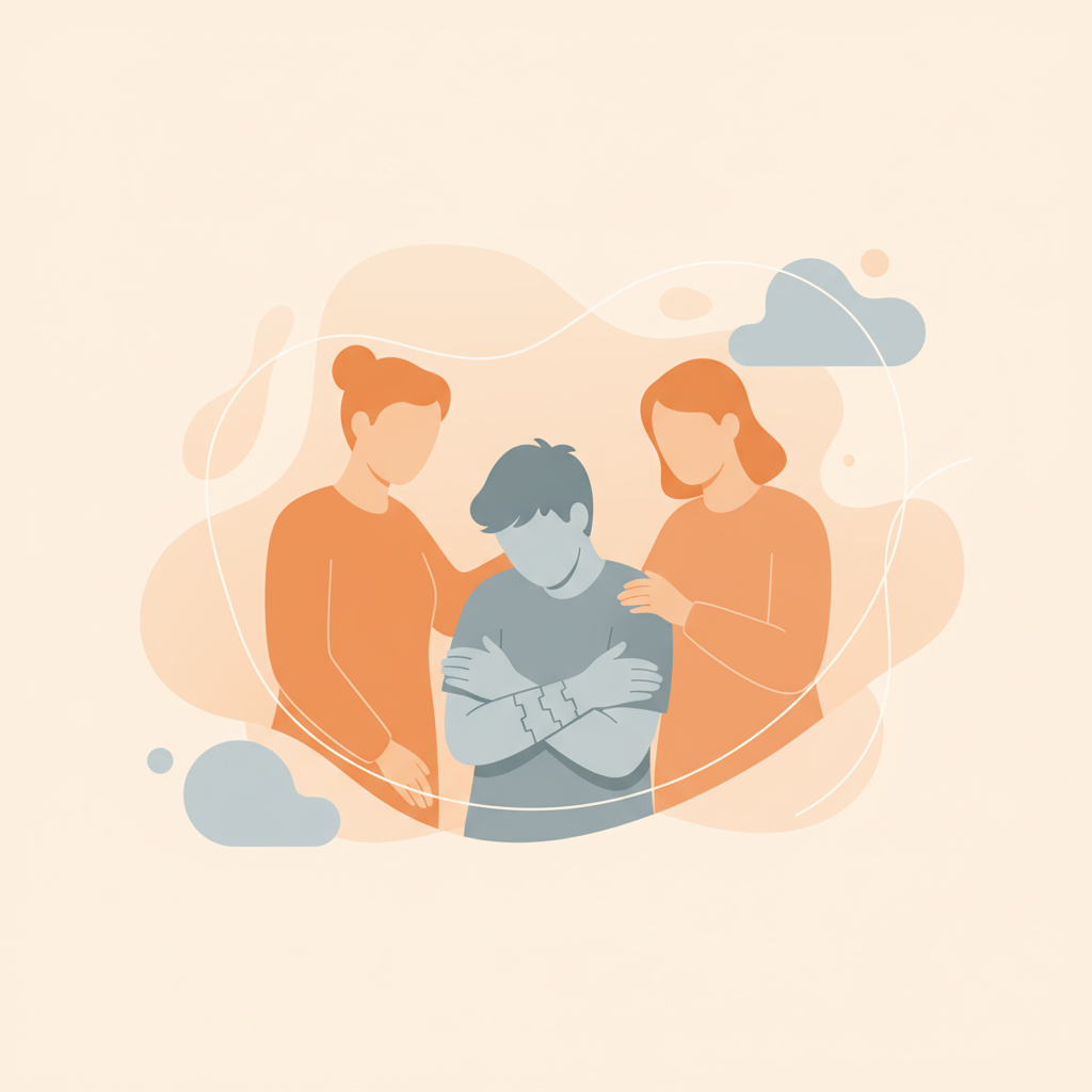 Supportive hand reaching out to a teenager in a calming, hopeful scene