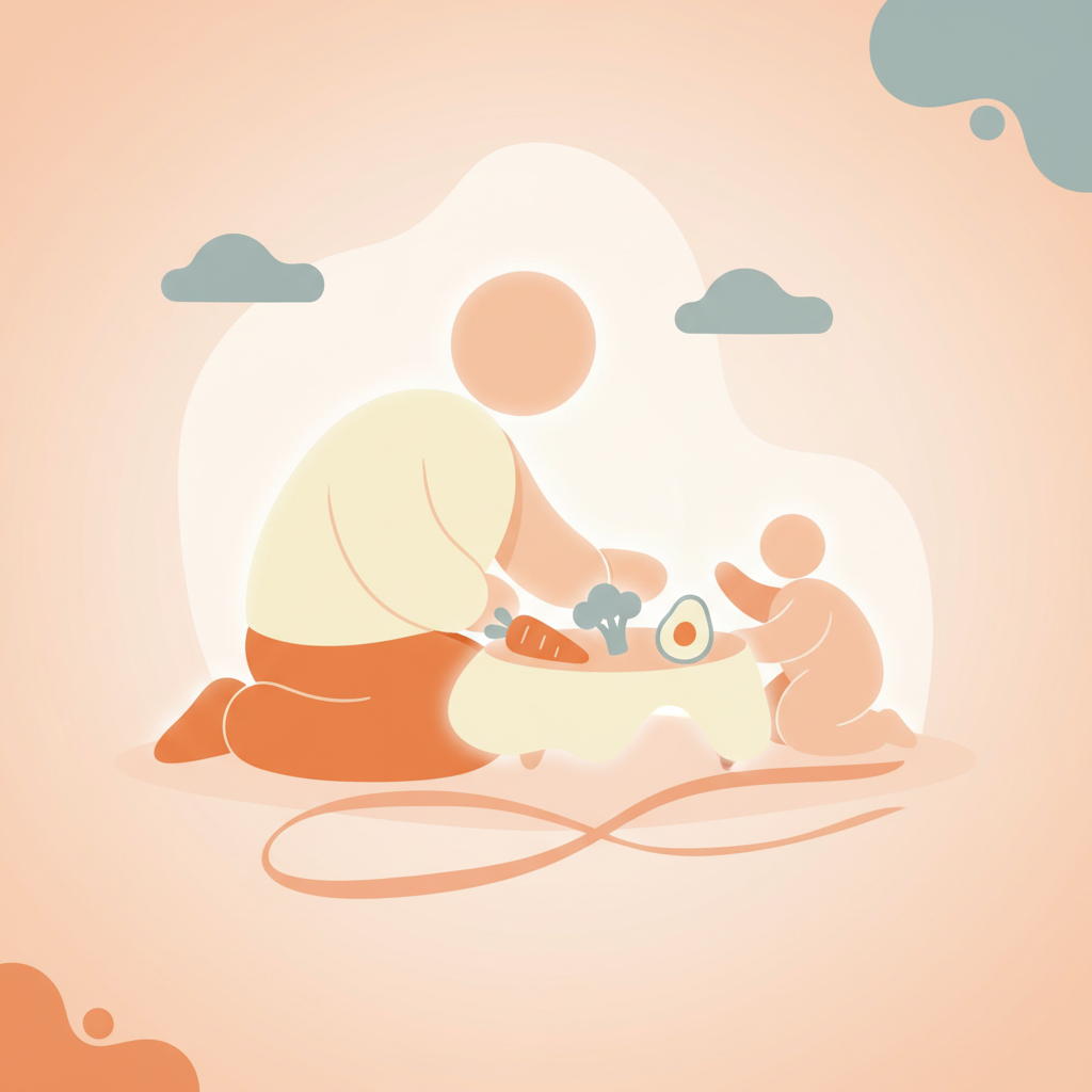 Baby happily self-feeding with soft finger foods at a highchair, illustrating baby led weaning