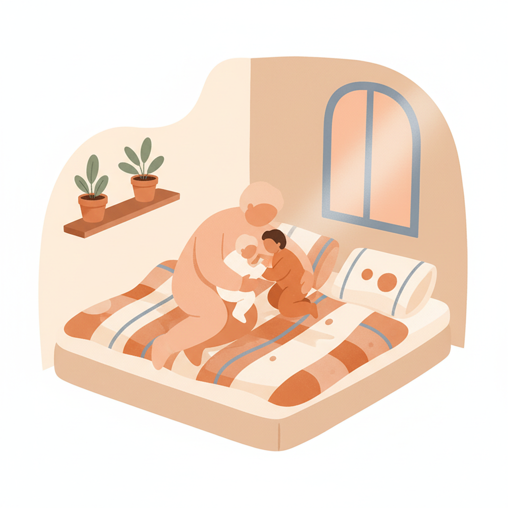 Mother and baby sleeping safely together in a bed with proper setup