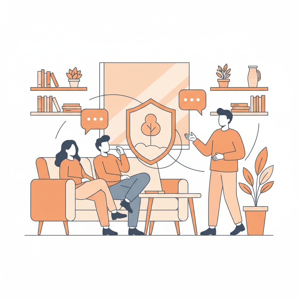 Roommates having a constructive conversation about house rules in a shared kitchen