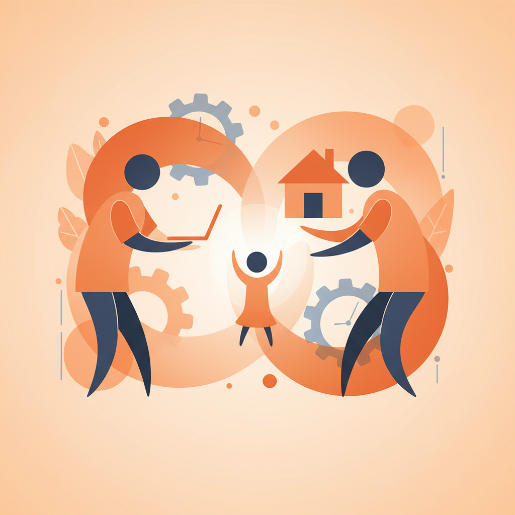 Parent juggling work laptop and child care, symbolising the work-life balance challenge