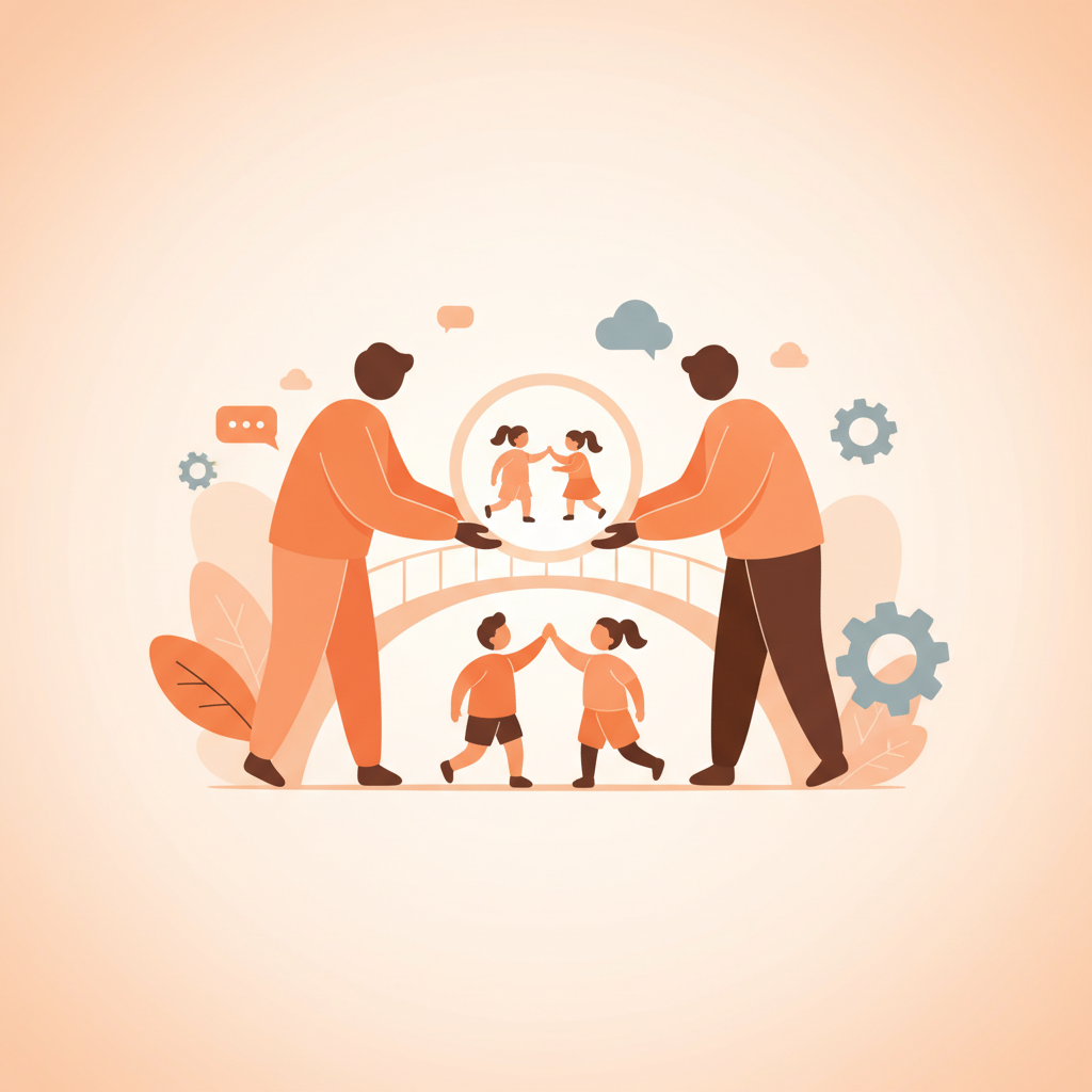 Two parents collaborating on a parenting plan with a child playing happily nearby