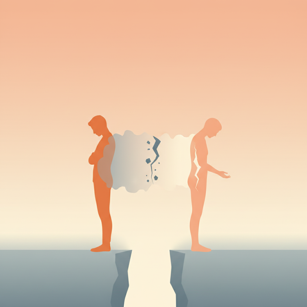 Couple sitting apart with a visible wall of silence between them