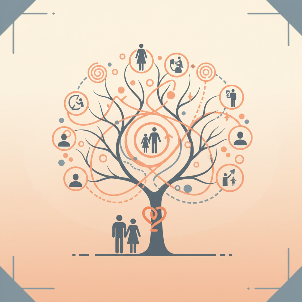 Emotional genogram diagram showing symbols for family relationships and patterns