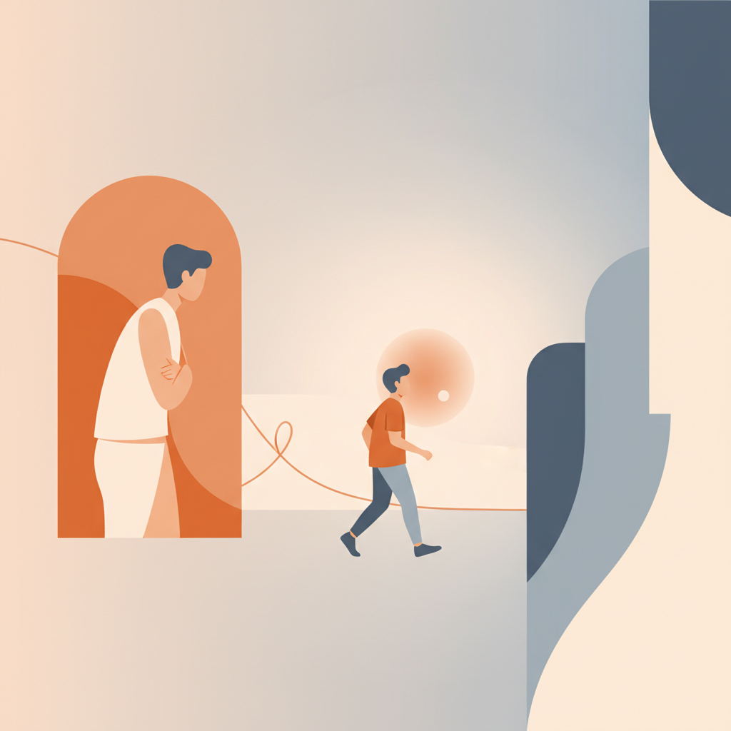 Teenager leaving the house while a parent waves from the door with a calm expression