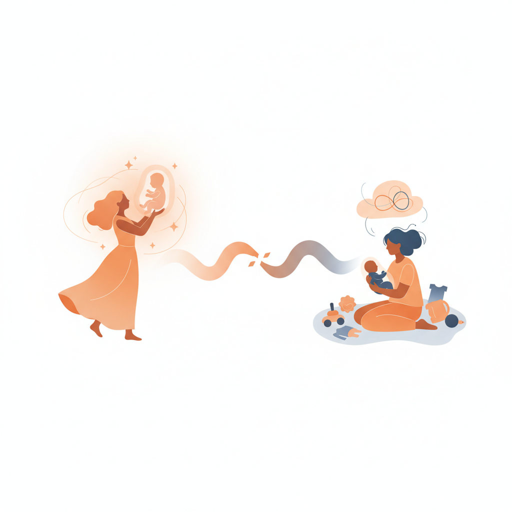 Mother with messy hair holding a baby in an authentic everyday moment