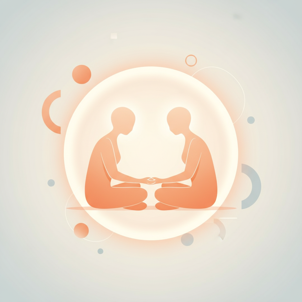 A couple sitting face to face in a calm room, practicing synchronized breathing together