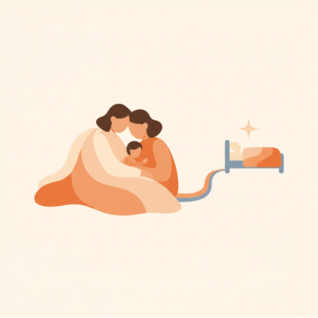 Toddler in a cozy bed with a night light and stuffed animal