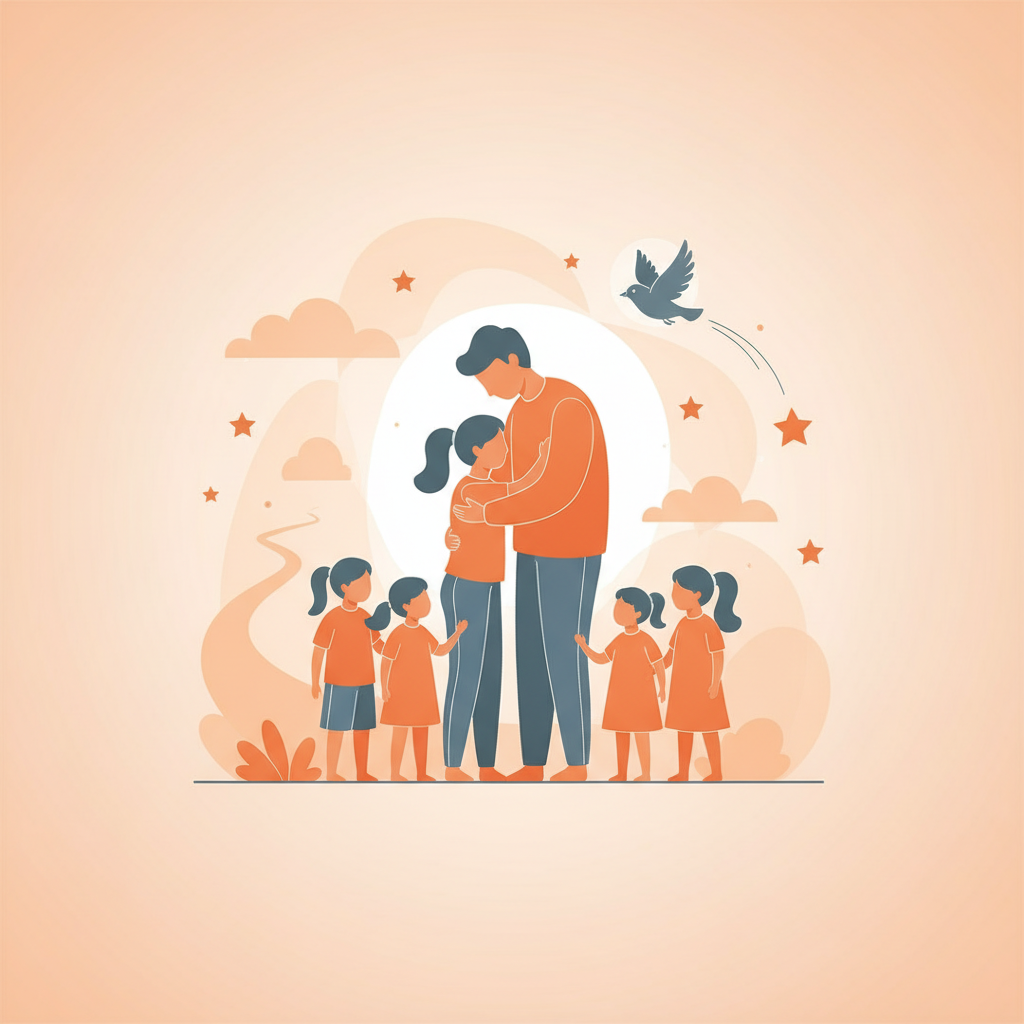 A parent kneeling at a child's level having a gentle conversation, representing honest communication about death