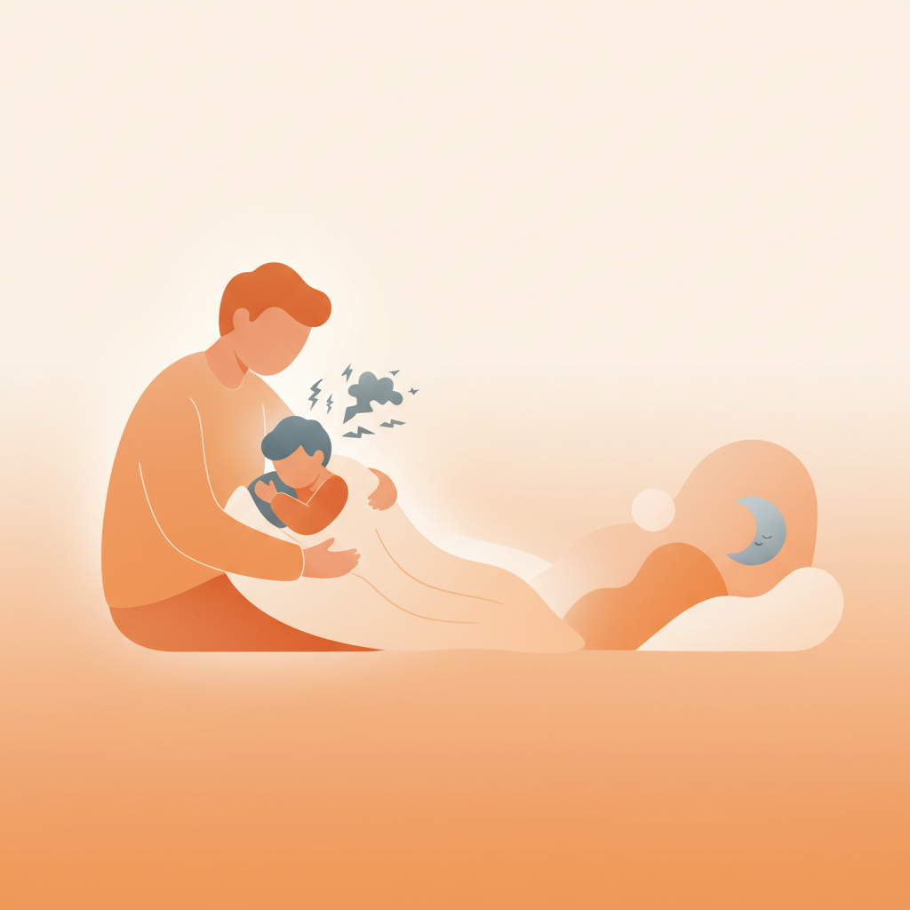 Parent comforting a child after a nightmare with a soft nightlight