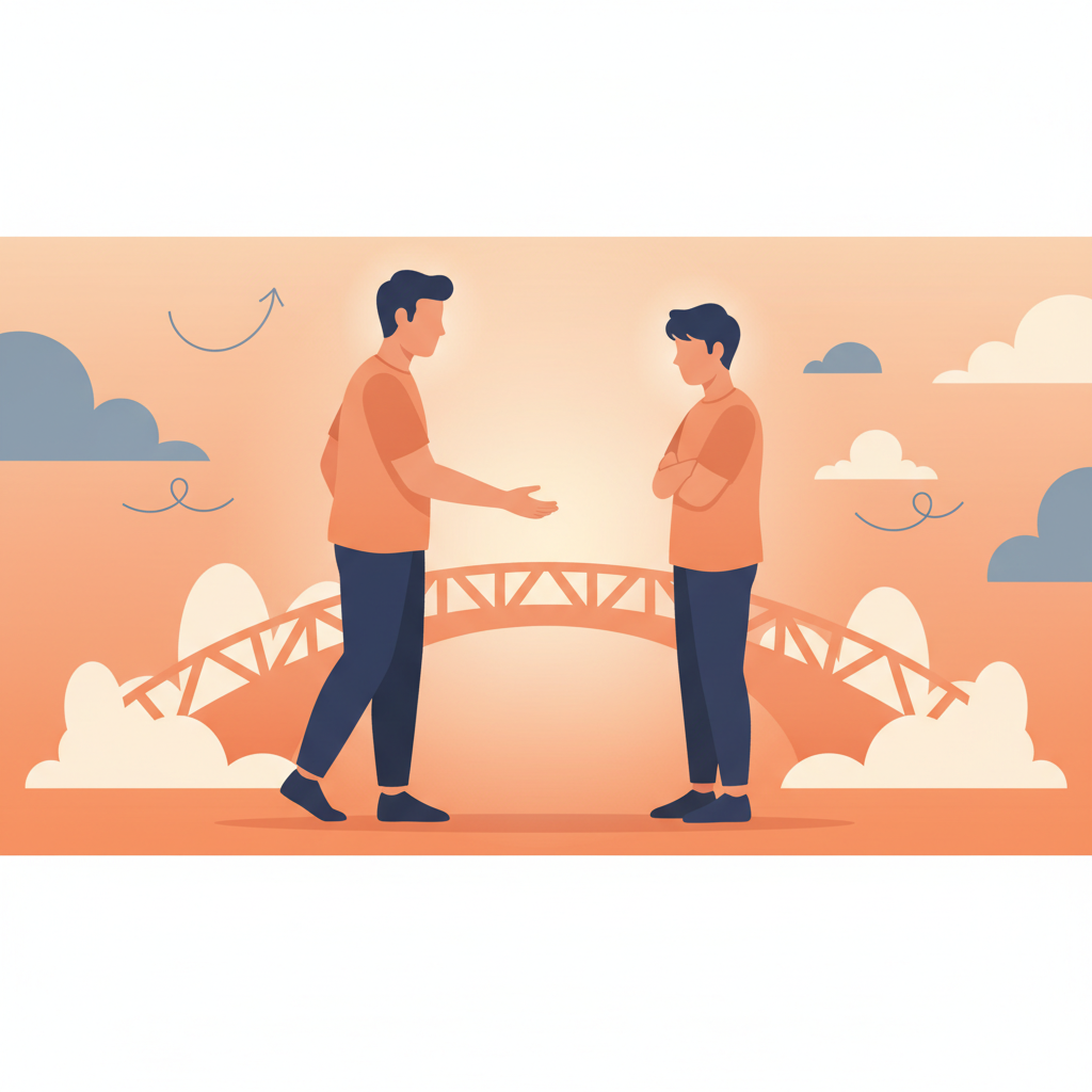 Father and teenage son walking together in a park, talking casually