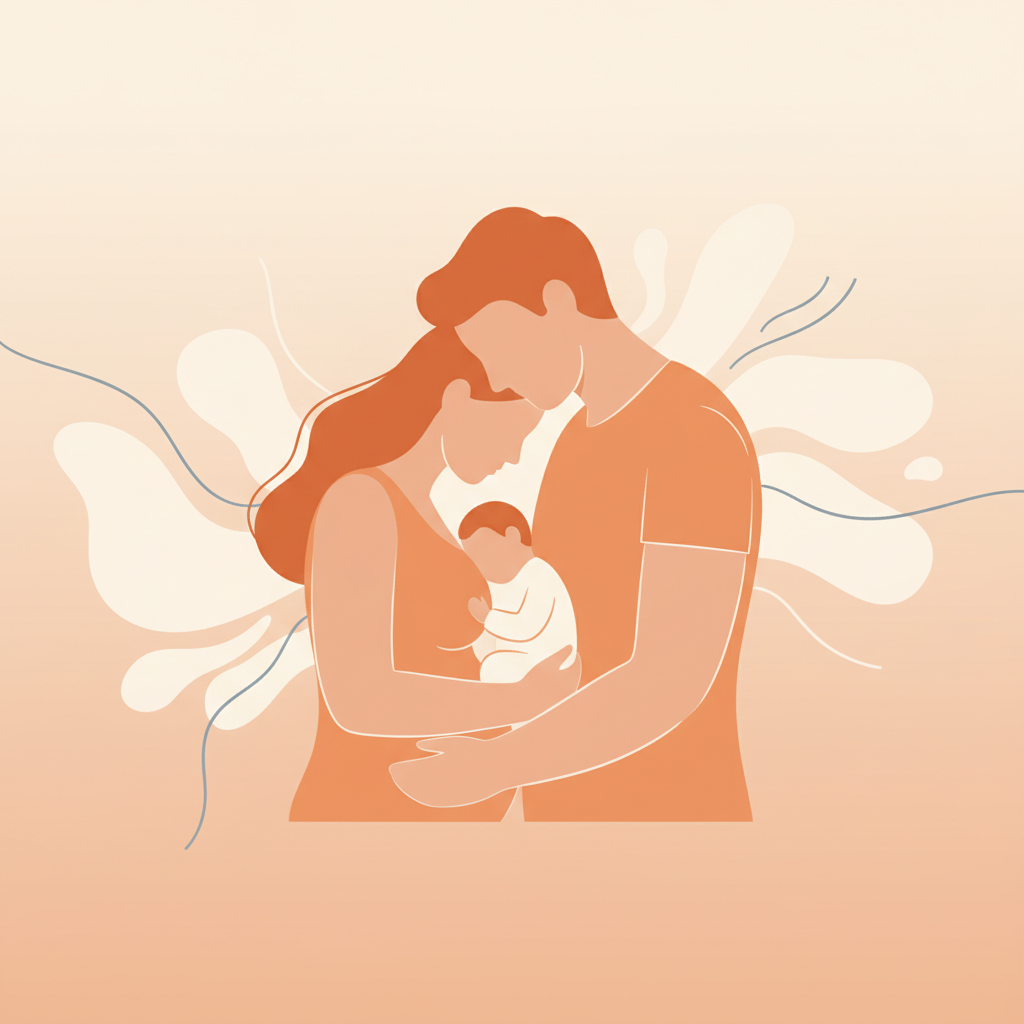 New parents holding their baby, showing tenderness and partnership during the postpartum period