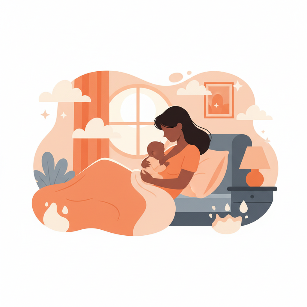 Mother breastfeeding baby peacefully during nighttime