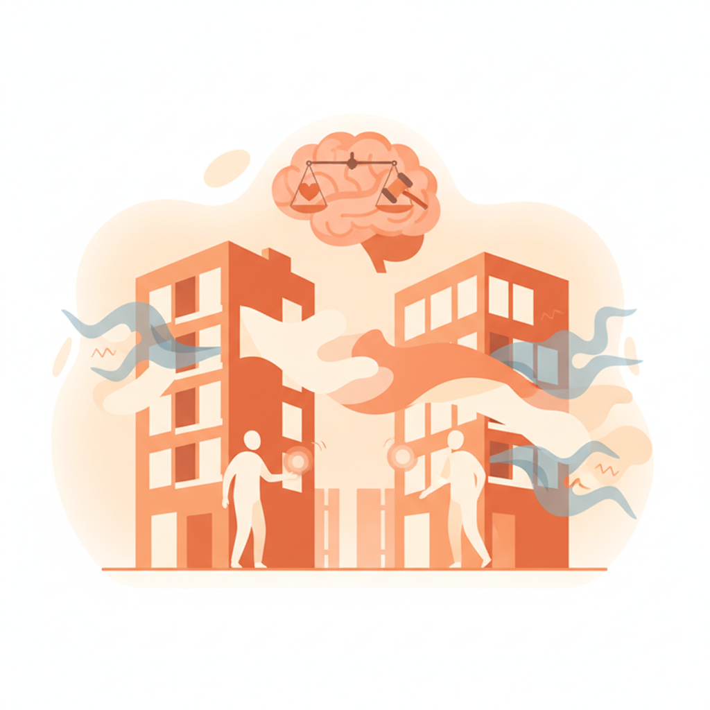 Two neighbours talking calmly over a garden fence to resolve a dispute